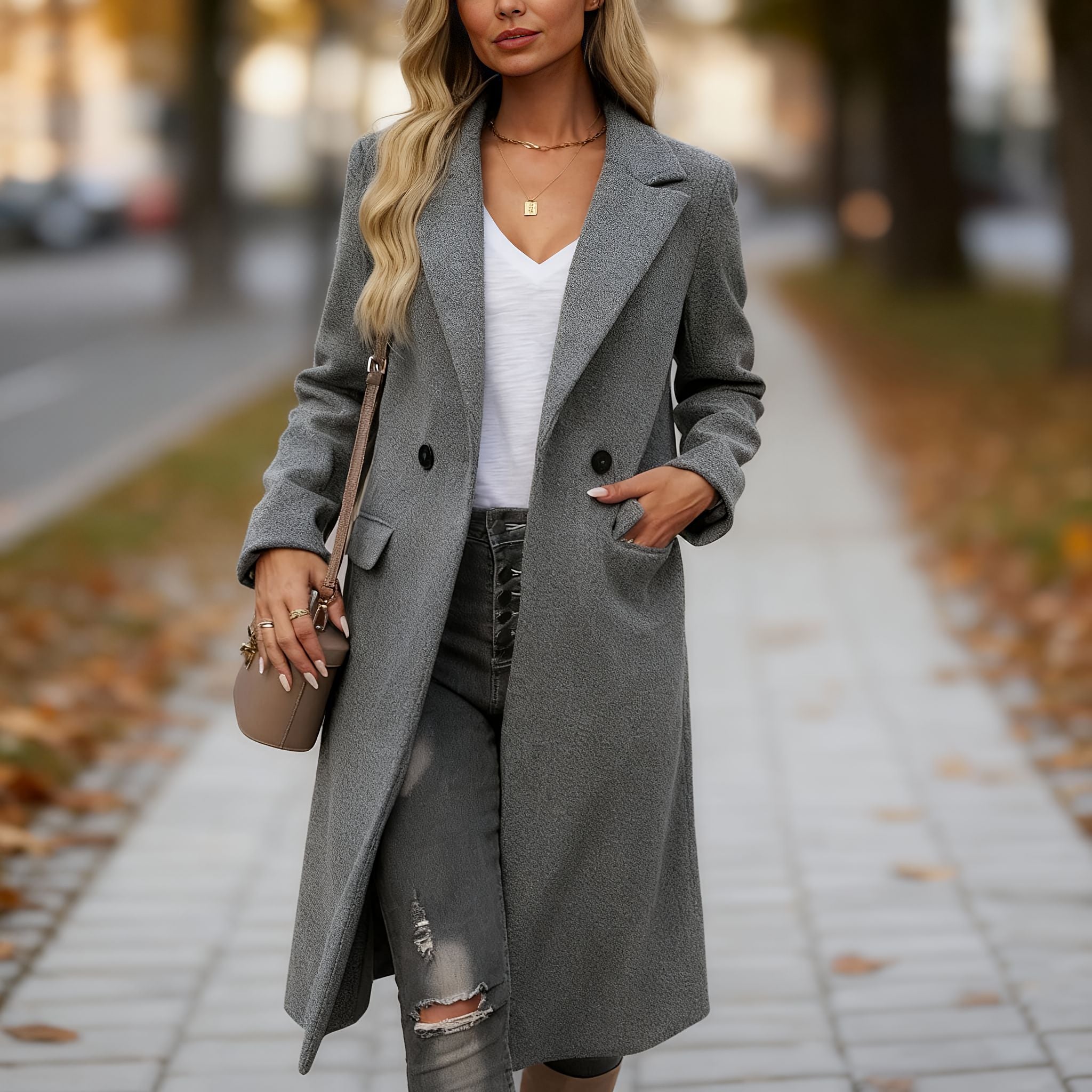 Dame frakke | Lang frakke med reverskrave og knapper