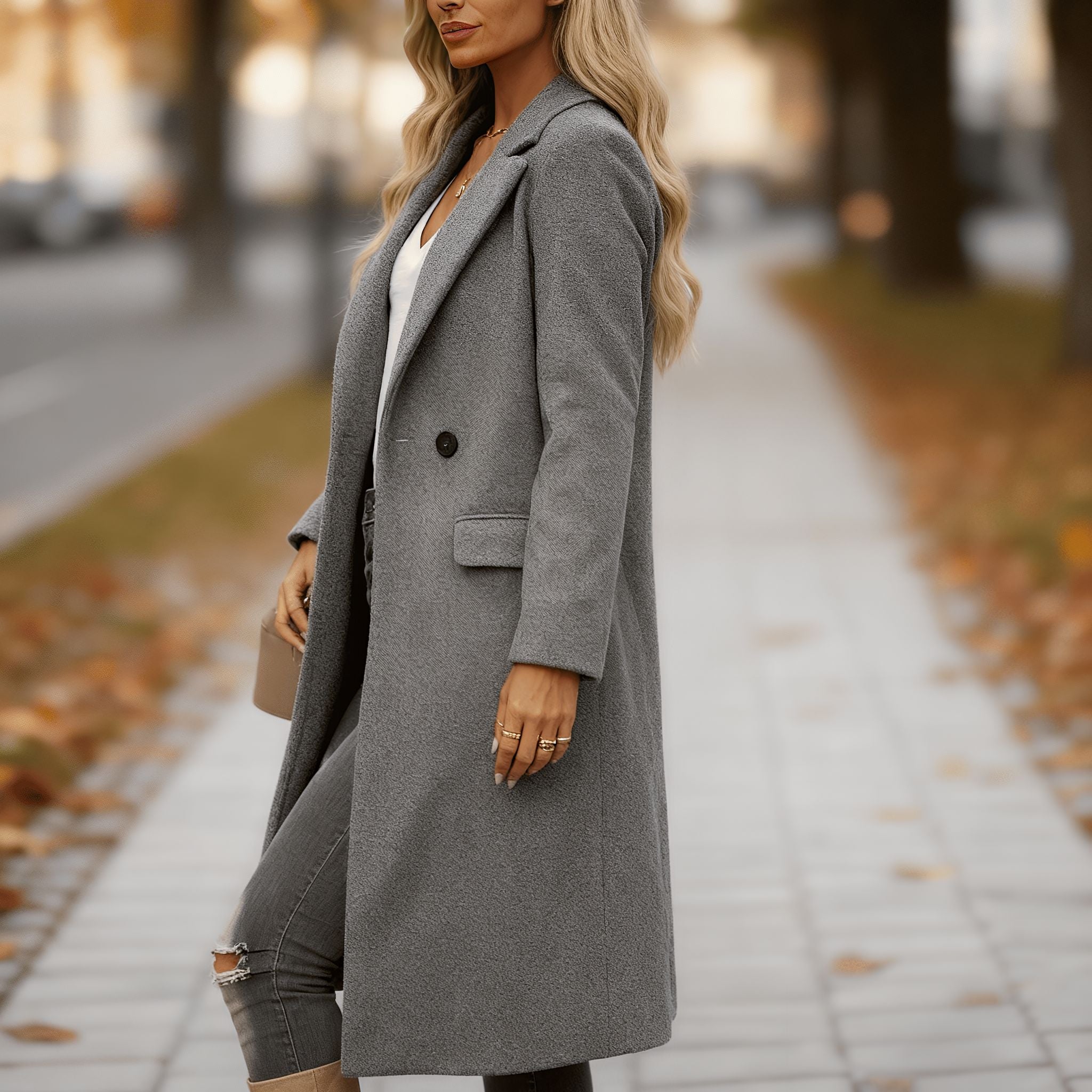 Dame frakke | Lang frakke med reverskrave og knapper