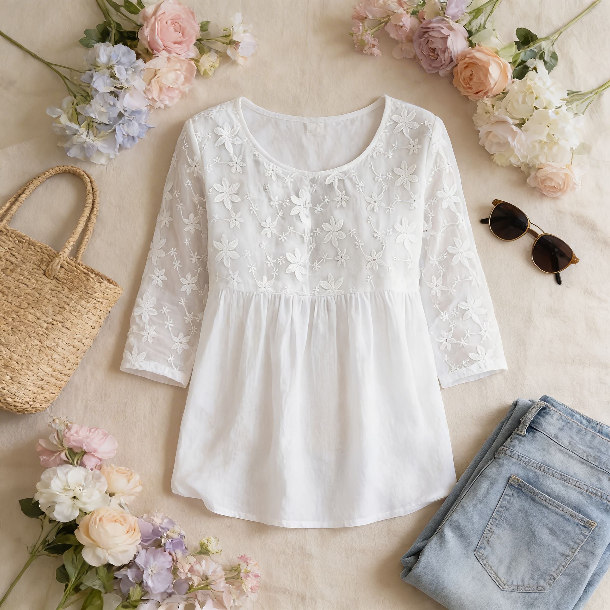 Blouse pour femme | Tunique légère avec broderies florales