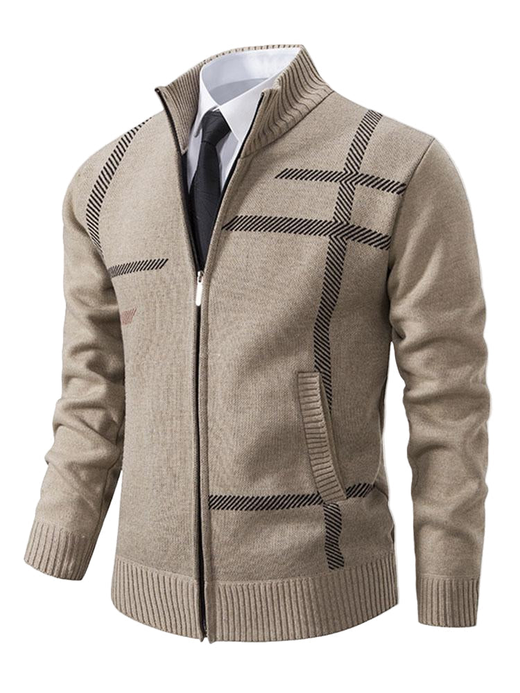 Strikket herre cardigan | Varmt vest med linjemønster