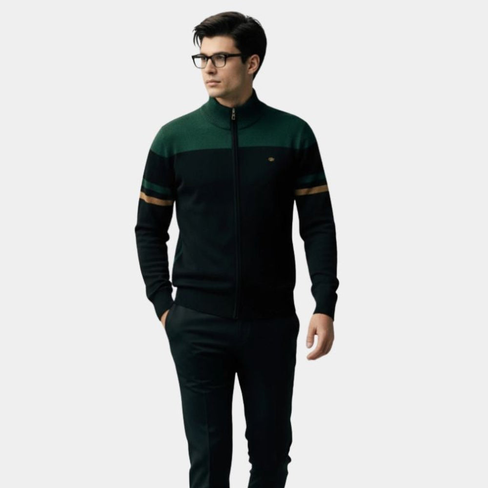 Strikket cardigan med lynlås og opretstående krave til mænd