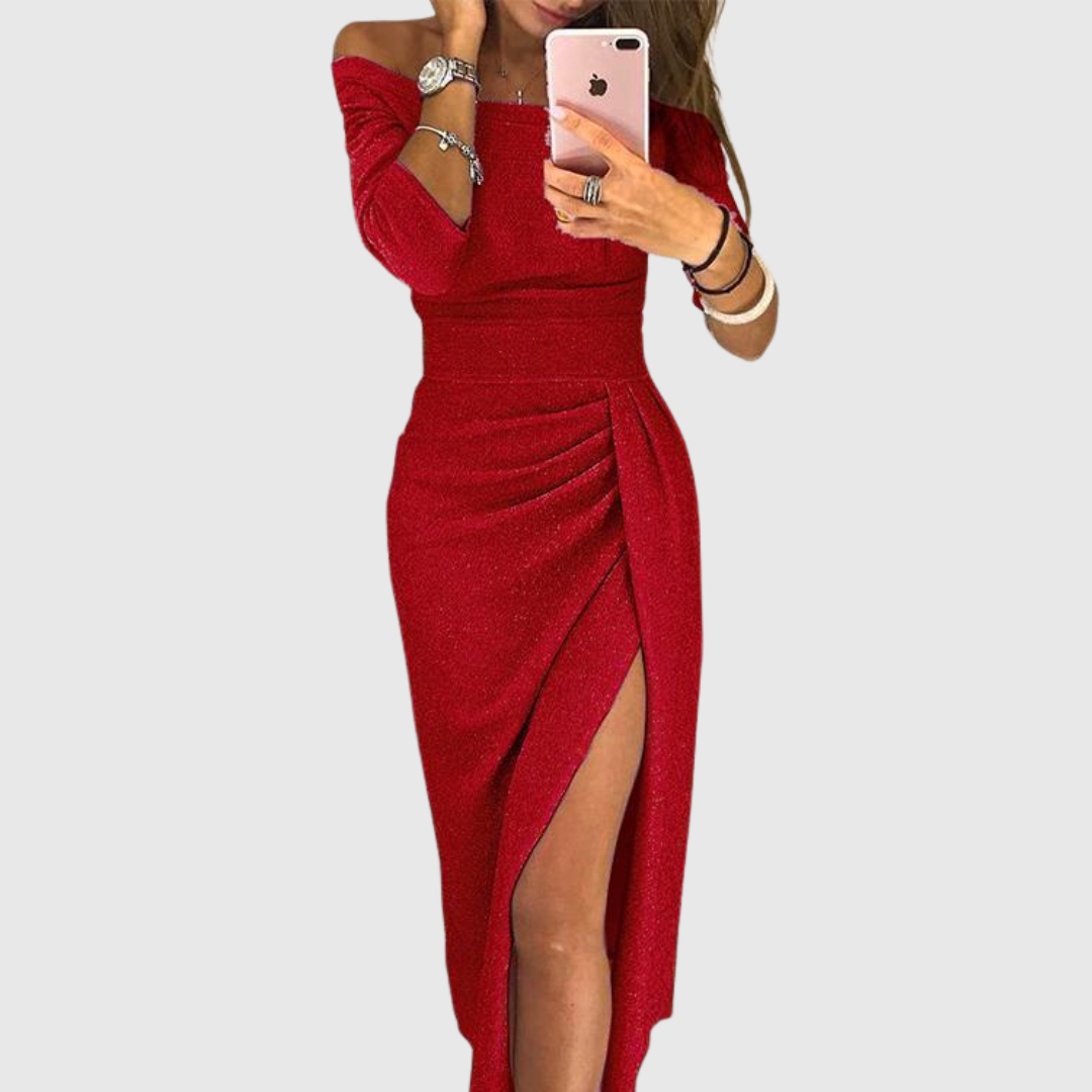 Elegant lang kjole | Slids, off-shoulder hals og figursyet pasform