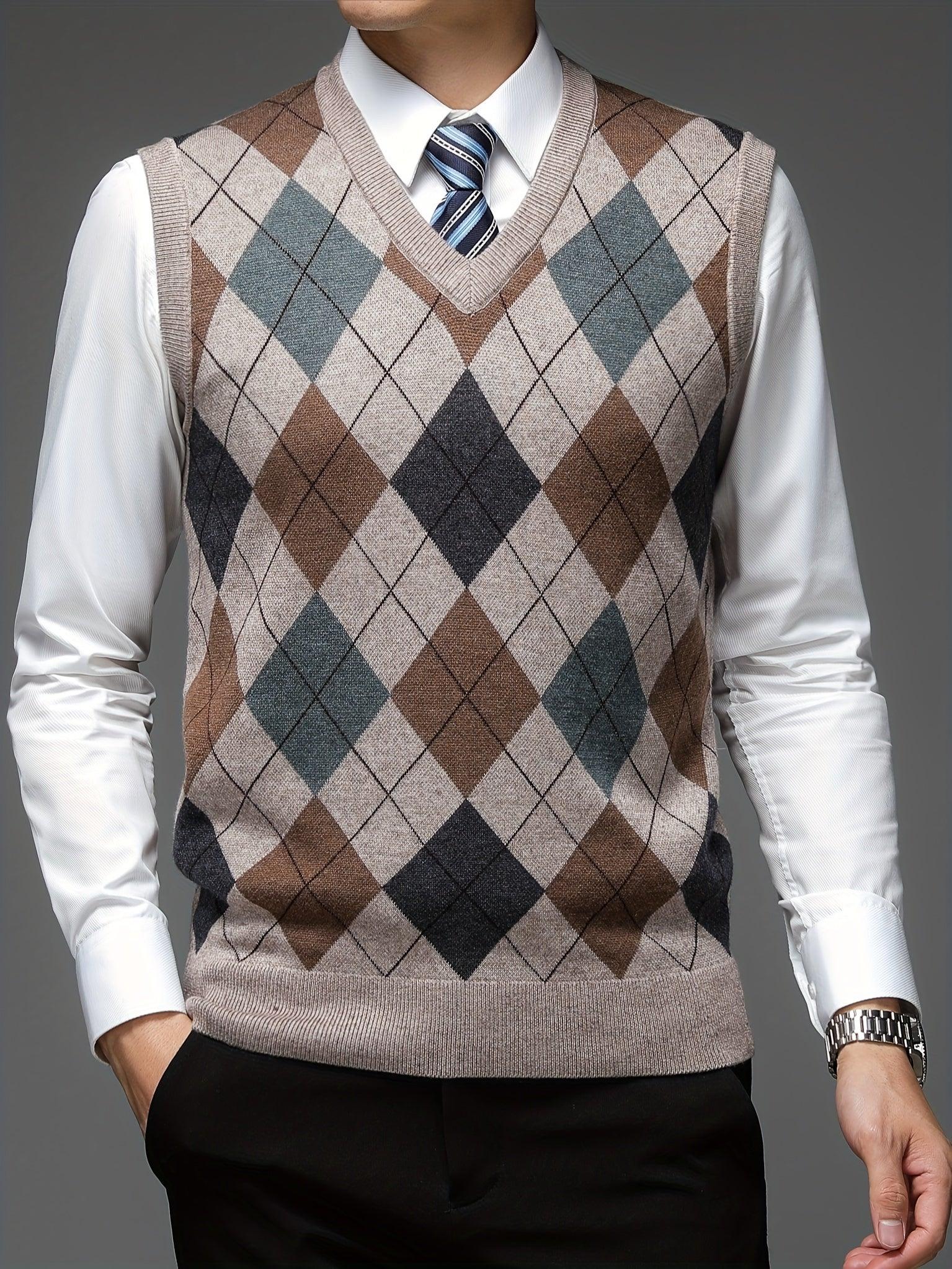 Herre pullover | Argyle strikket vest uden ærmer v-hals