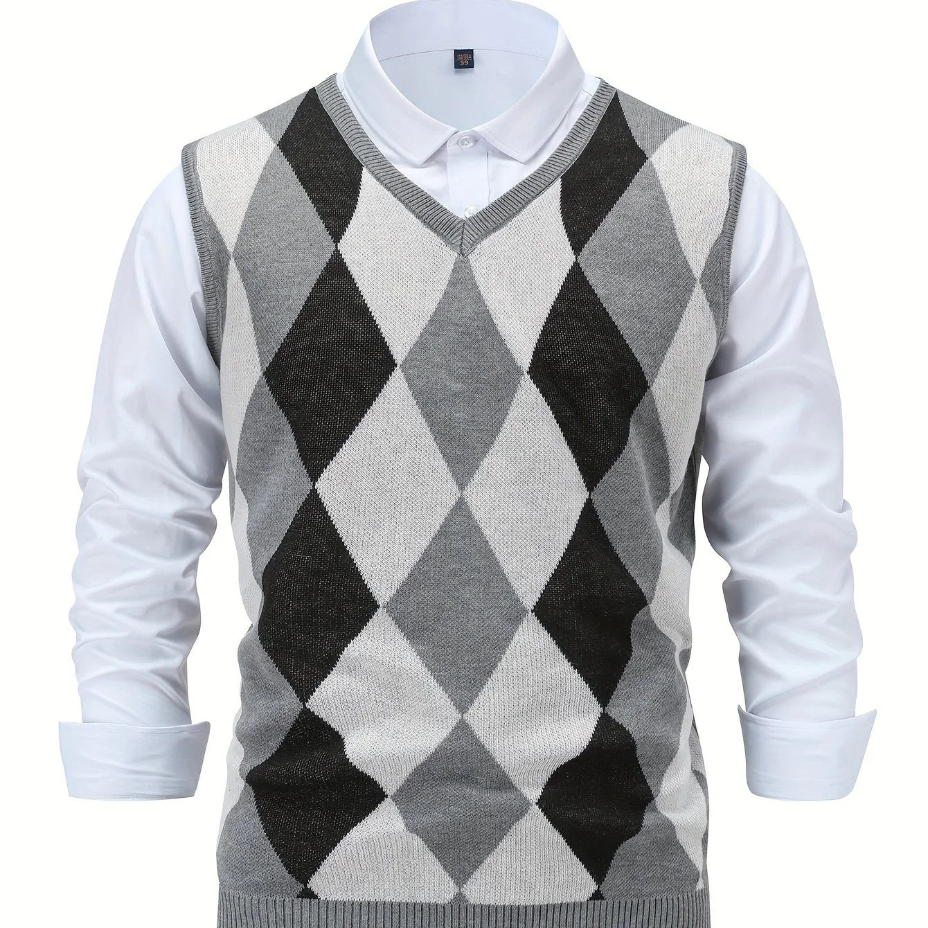 Herre pullover | Strikket v-hals sweater uden ærmer med ternet mønster