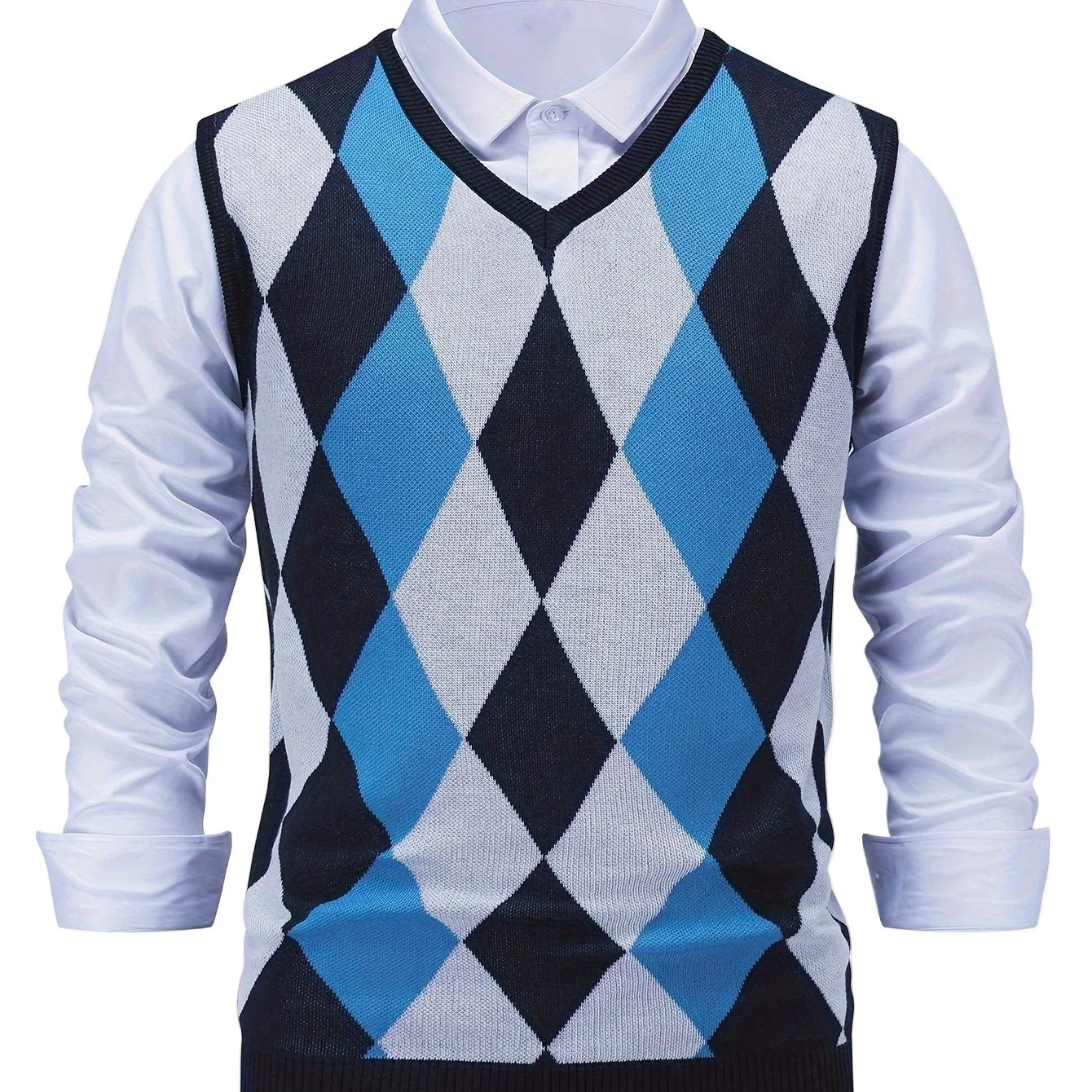 Herre pullover | Strikket v-hals sweater uden ærmer med ternet mønster