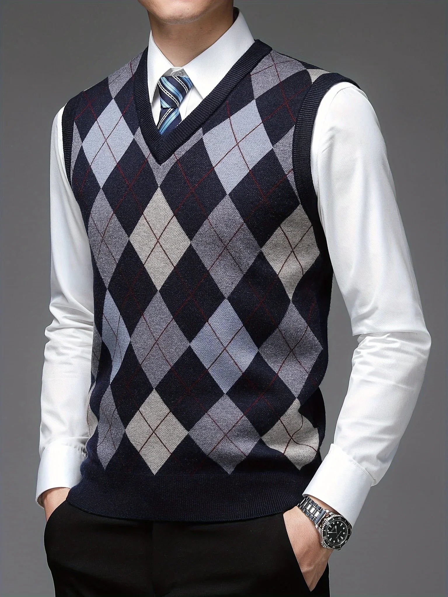 Herre pullover | Argyle strikket vest uden ærmer v-hals