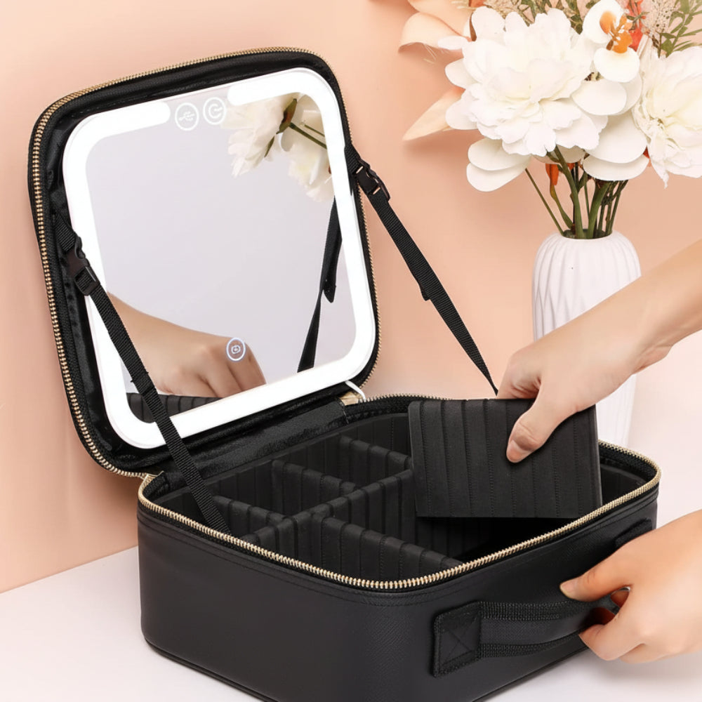 Rejse makeup organizer med LED-spejl