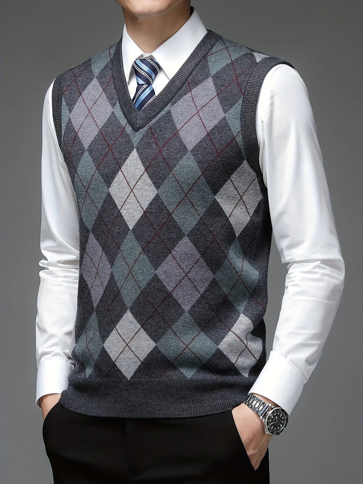 Herre pullover | Argyle strikket vest uden ærmer v-hals