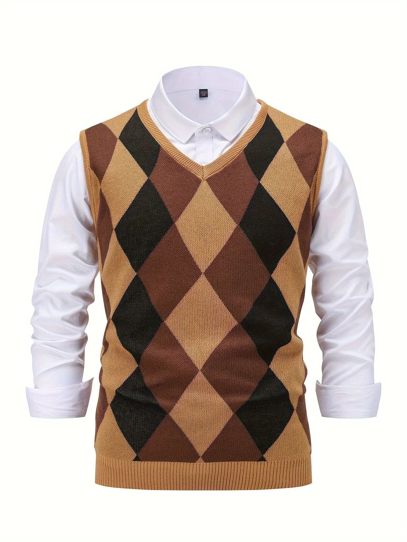 Herre pullover | Strikket v-hals sweater uden ærmer med ternet mønster
