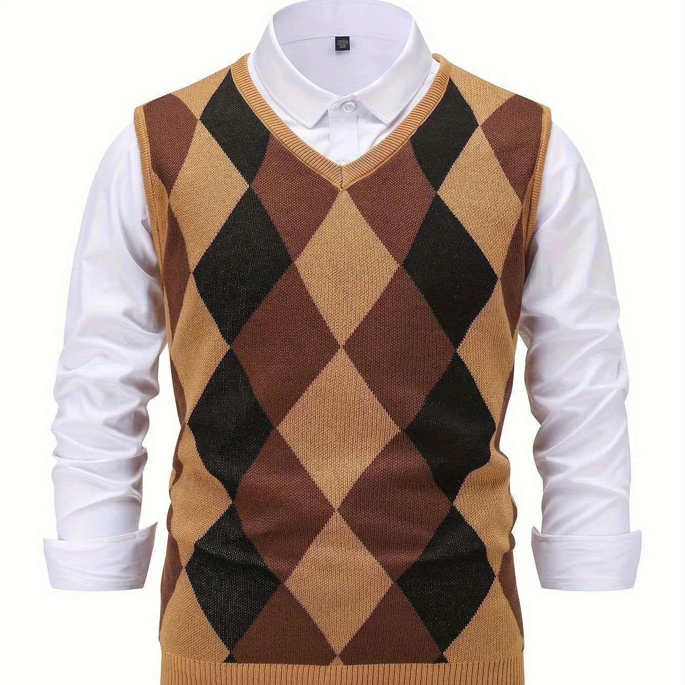 Herre pullover | Strikket v-hals sweater uden ærmer med ternet mønster