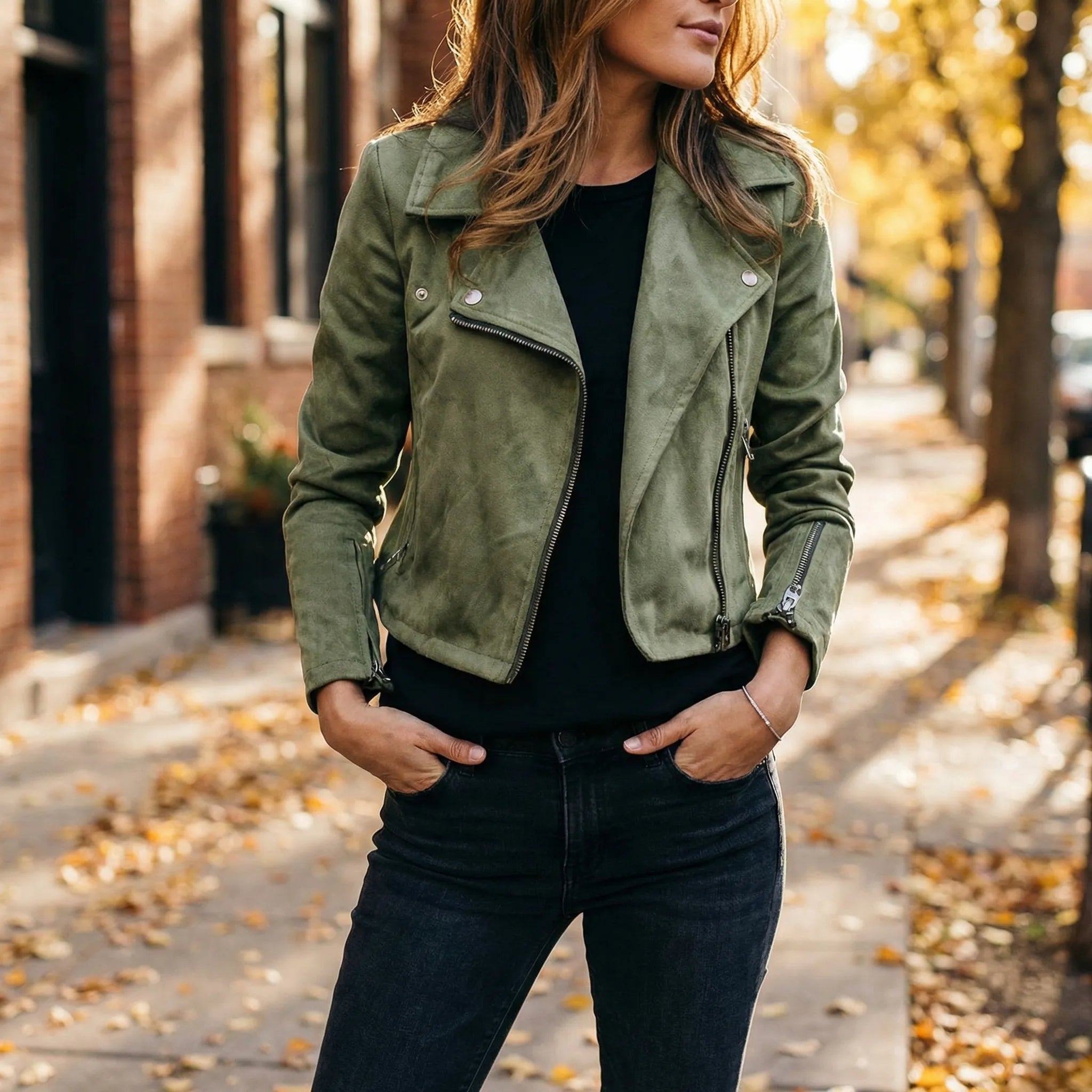 Bikerjakke til damer | Ruskindjakke med lynlås og reverskrave