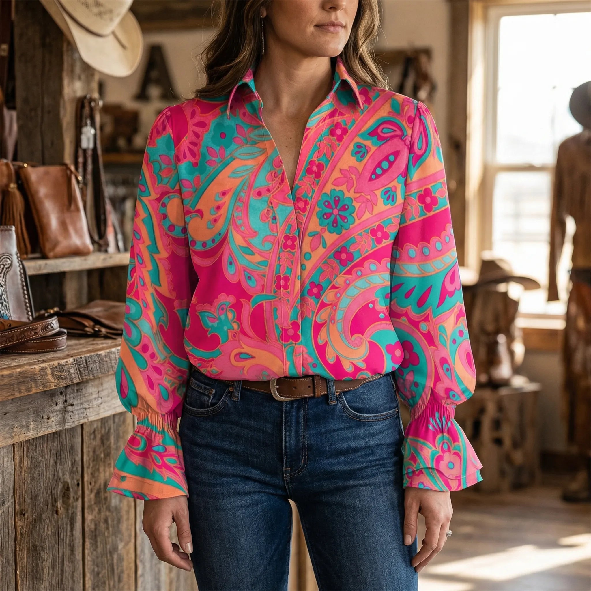 Bluse dame | Print bluse med lange ærmer