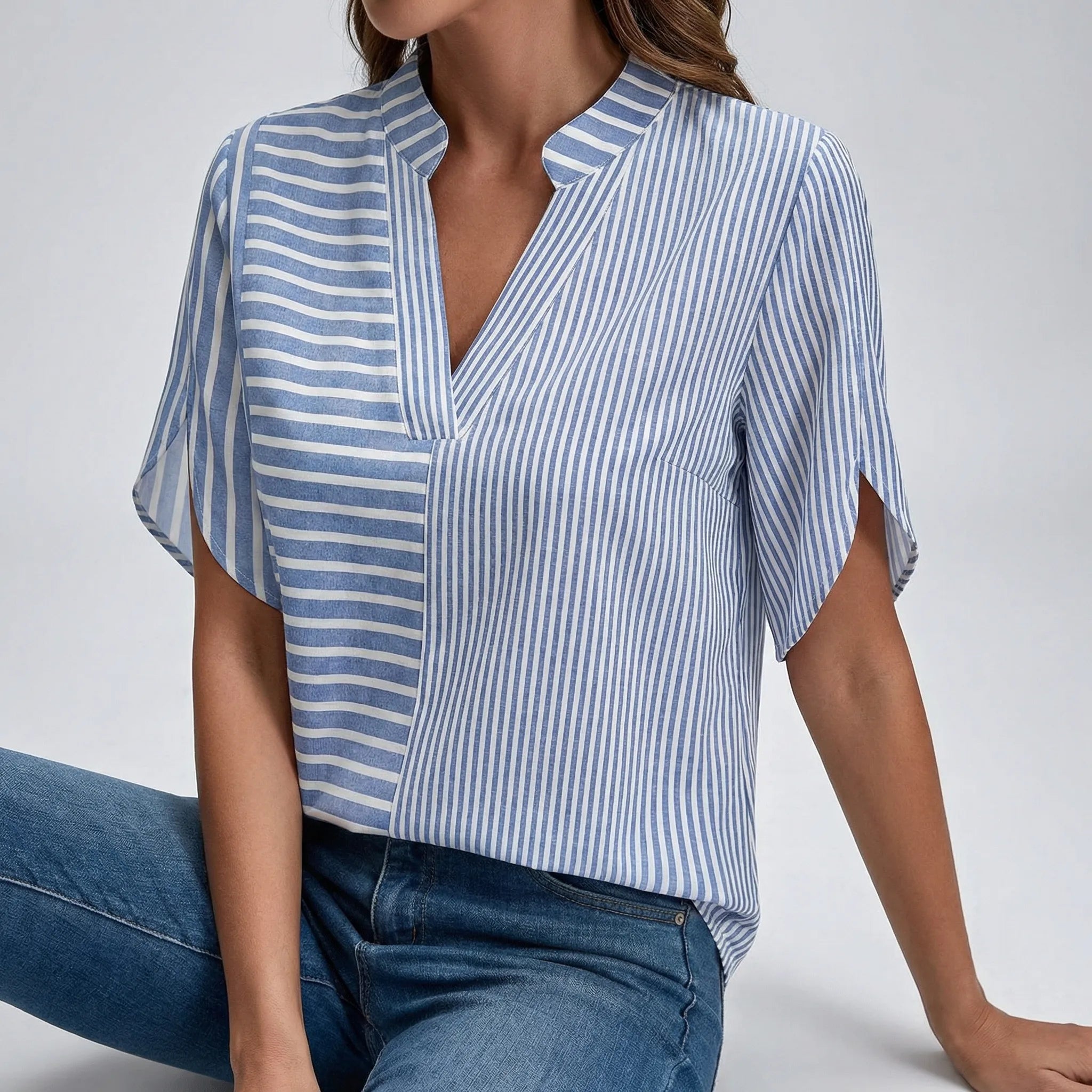Bluse dame | Stribet bluse med korte ærmer