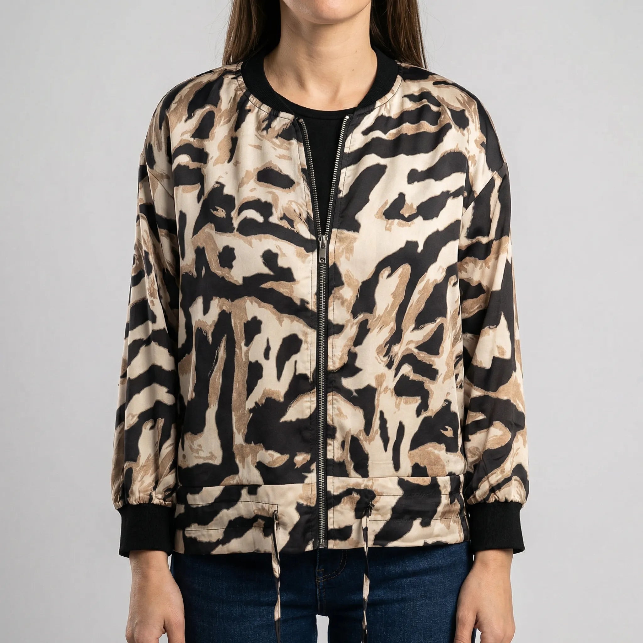 Bomberjakke til kvinder | Animal print jakke med lynlås og ribkanter