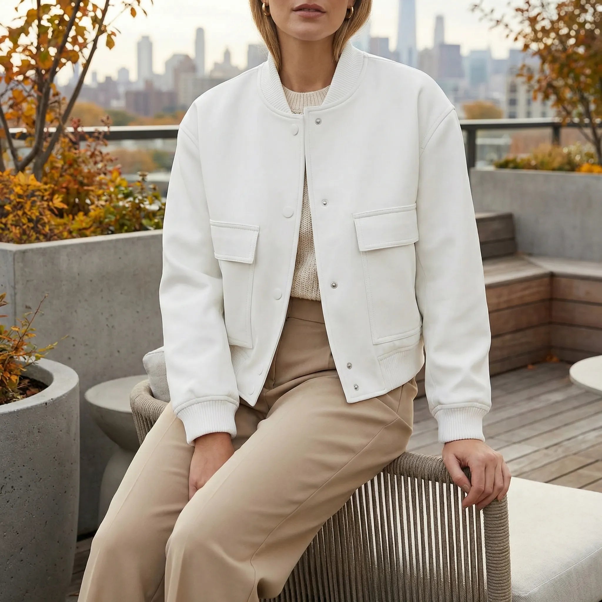 Bomberjakke til kvinder | Elegant jakke med trykknapper og rund hals