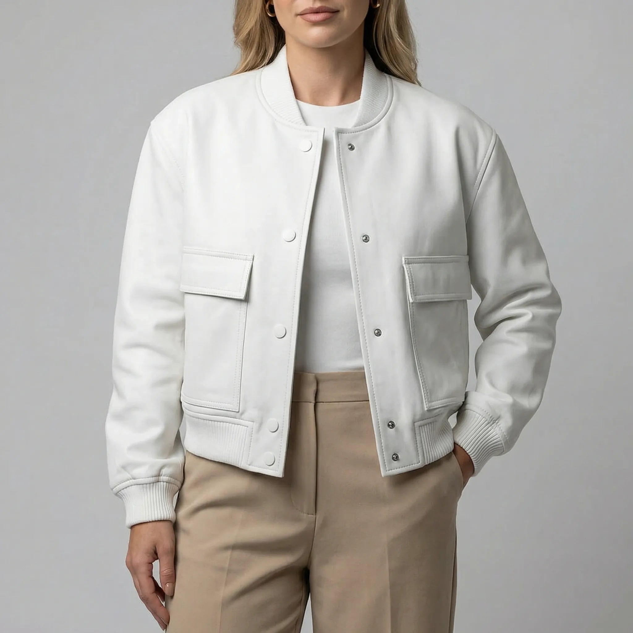 Bomberjakke til kvinder | Elegant jakke med trykknapper og rund hals