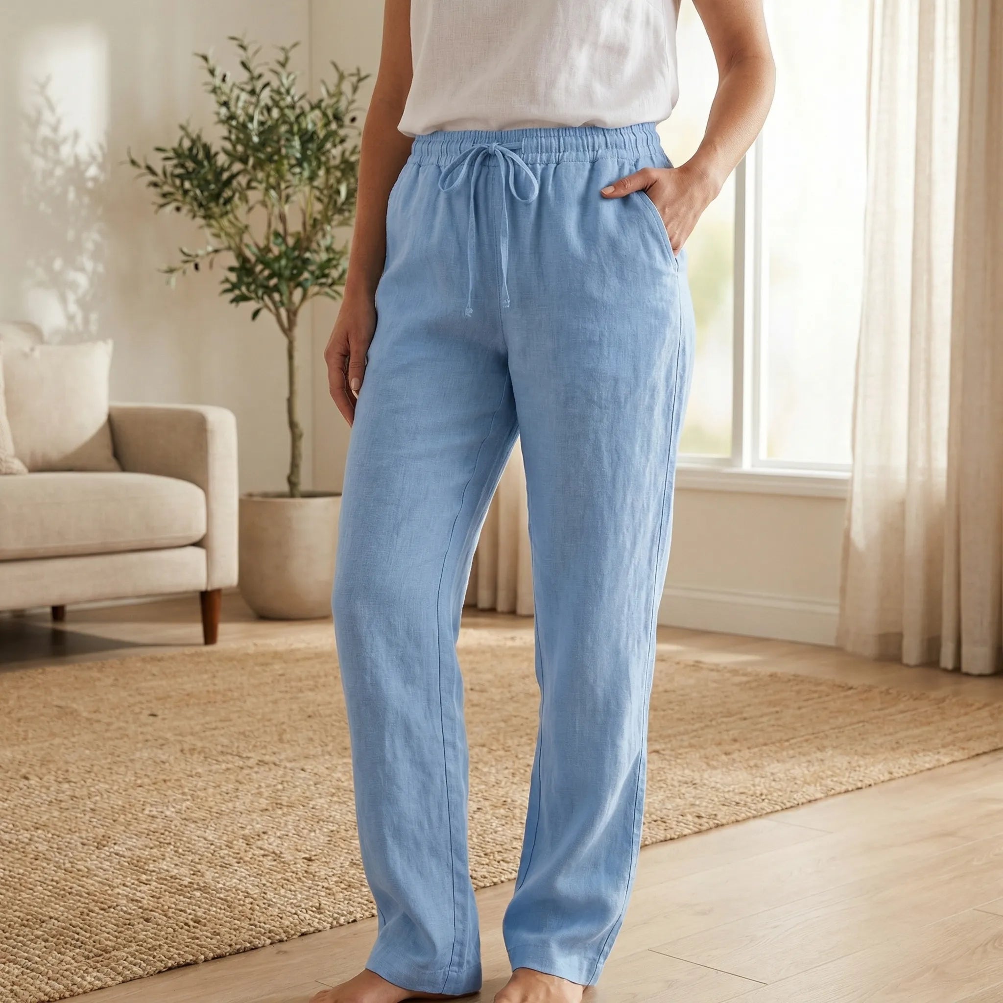 Bukser dame | Linned bukser med elastisk talje