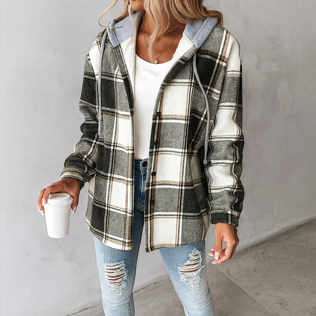 Oversized ternet jakke til damer med hætte og knaplukning