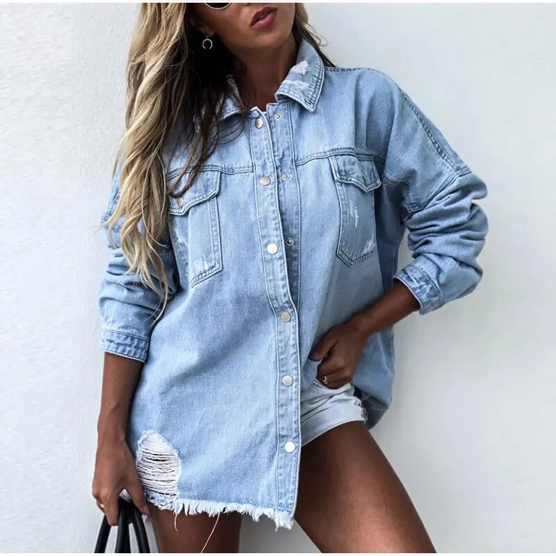 Dame denimjakke | Oversized denimjakke med knapper