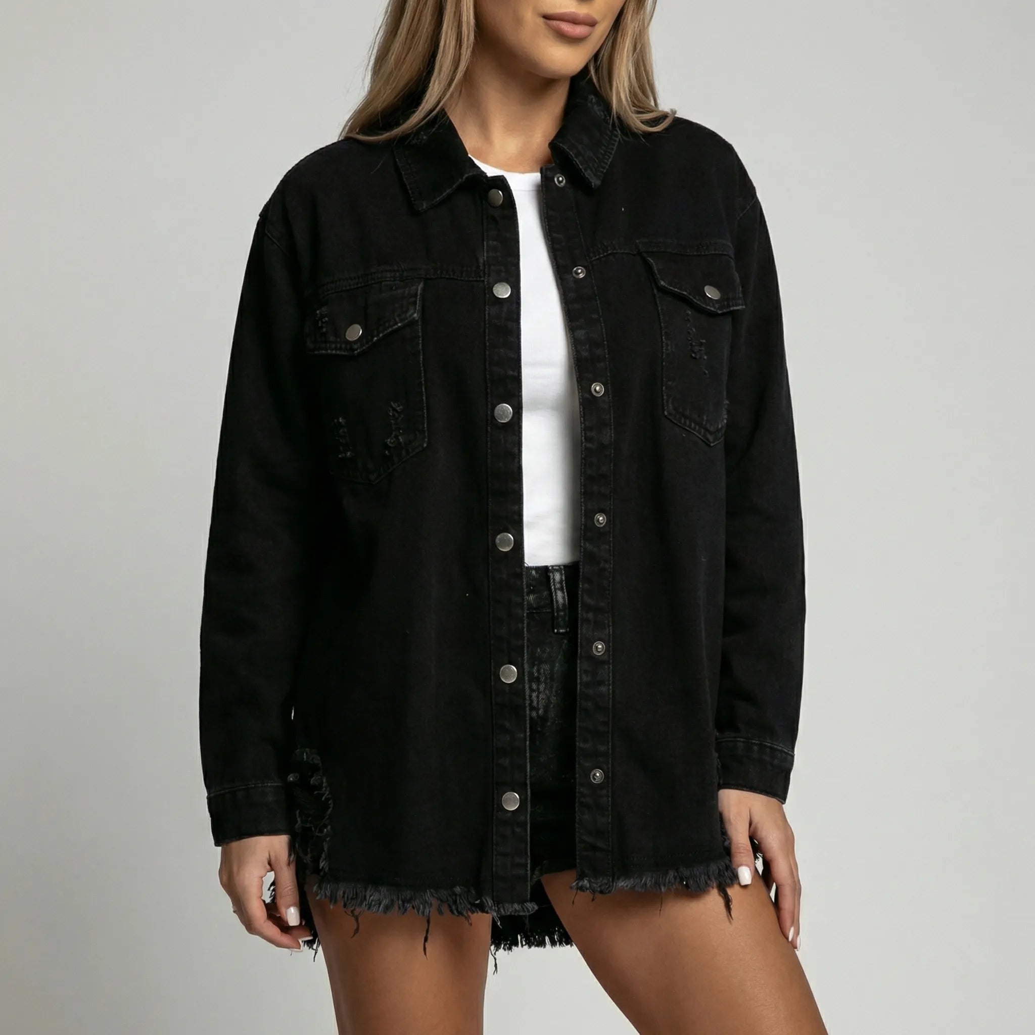 Dame denimjakke | Oversized denimjakke med knapper