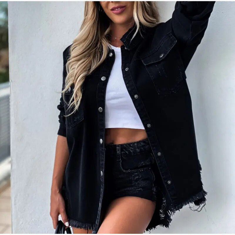 Dame denimjakke | Oversized denimjakke med knapper