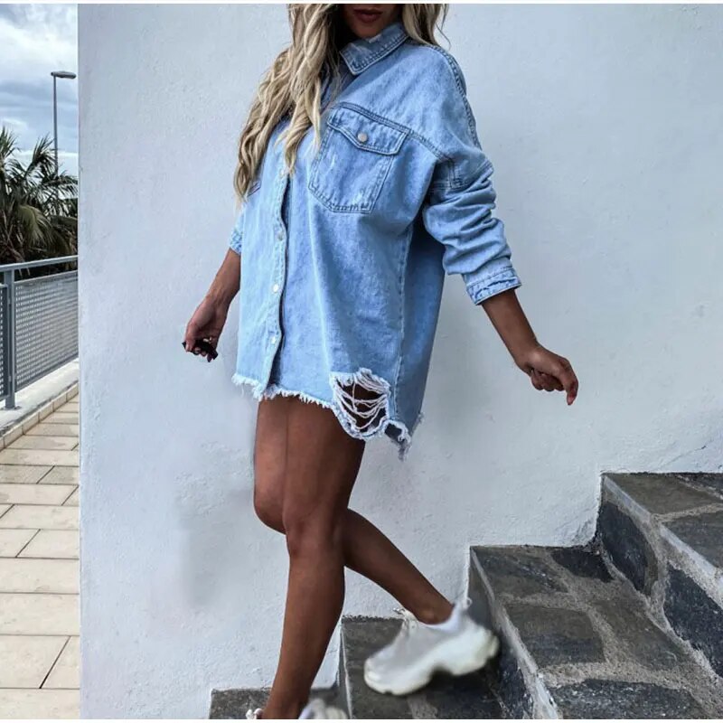 Dame denimjakke | Oversized denimjakke med knapper
