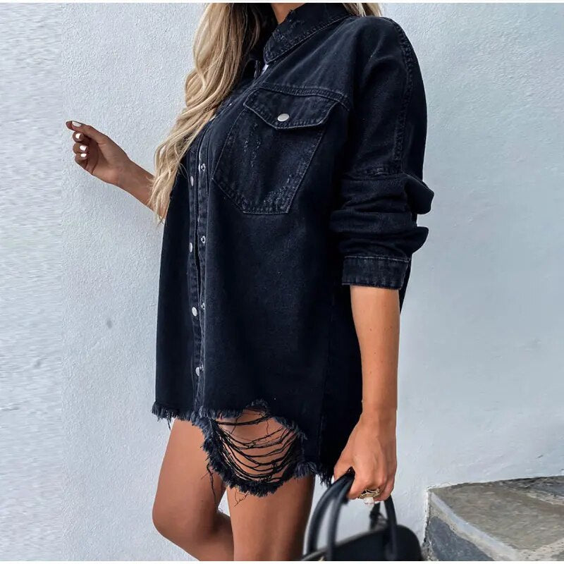Dame denimjakke | Oversized denimjakke med knapper