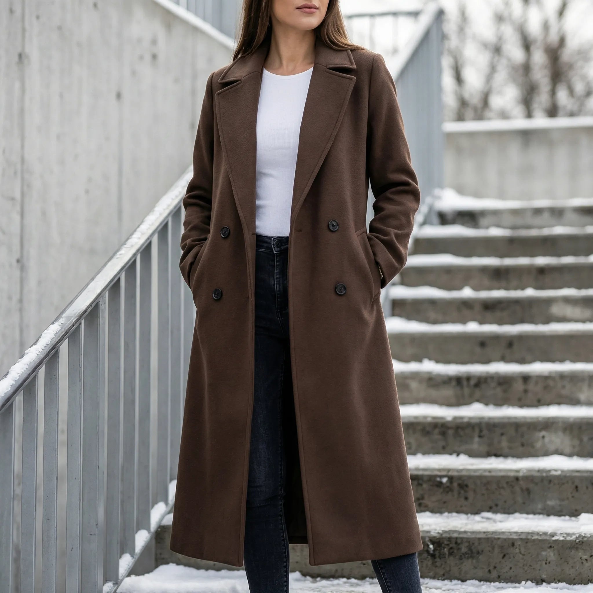 Dame trenchcoat | Lang frakke med knapper og klassisk krave