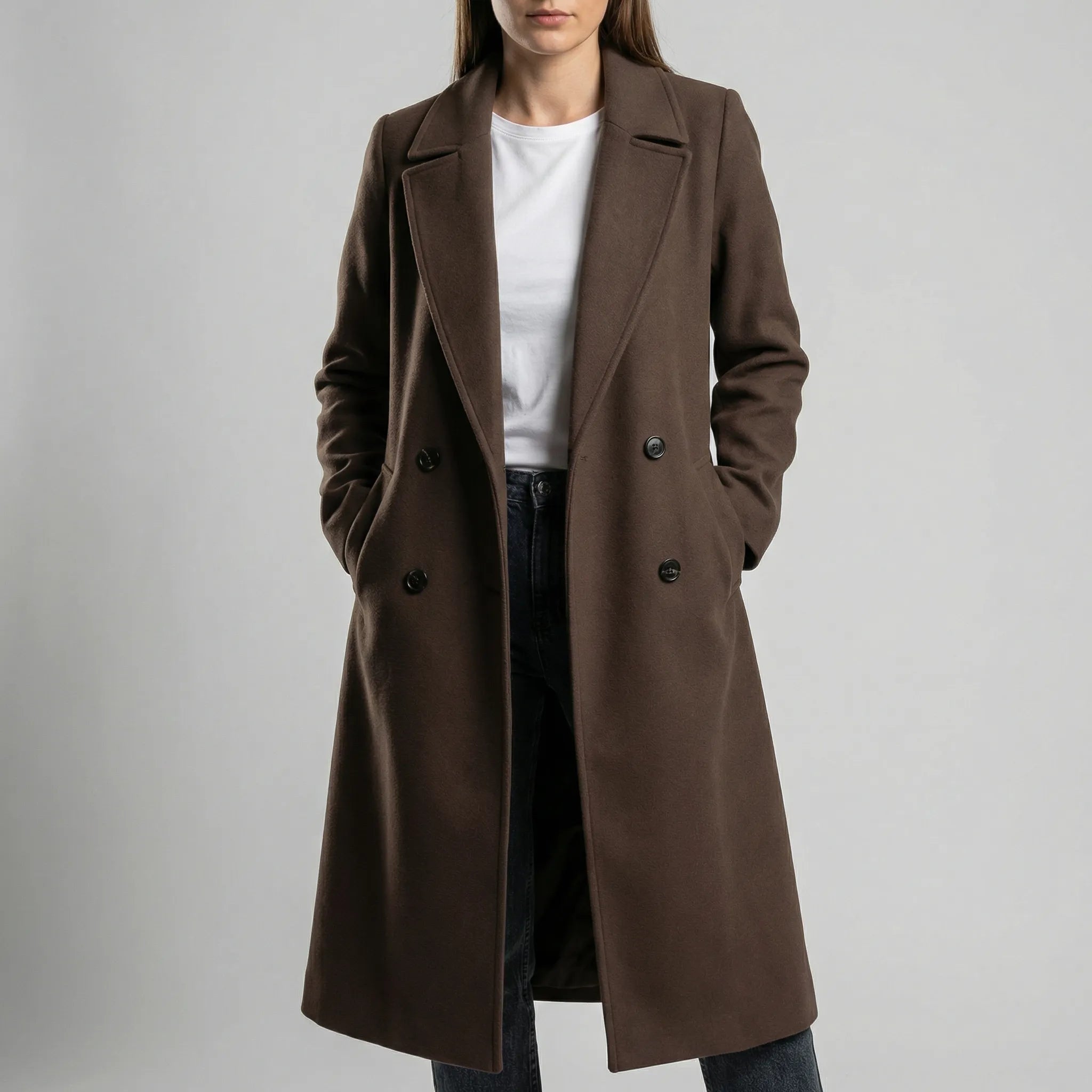 Dame trenchcoat | Lang frakke med knapper og klassisk krave