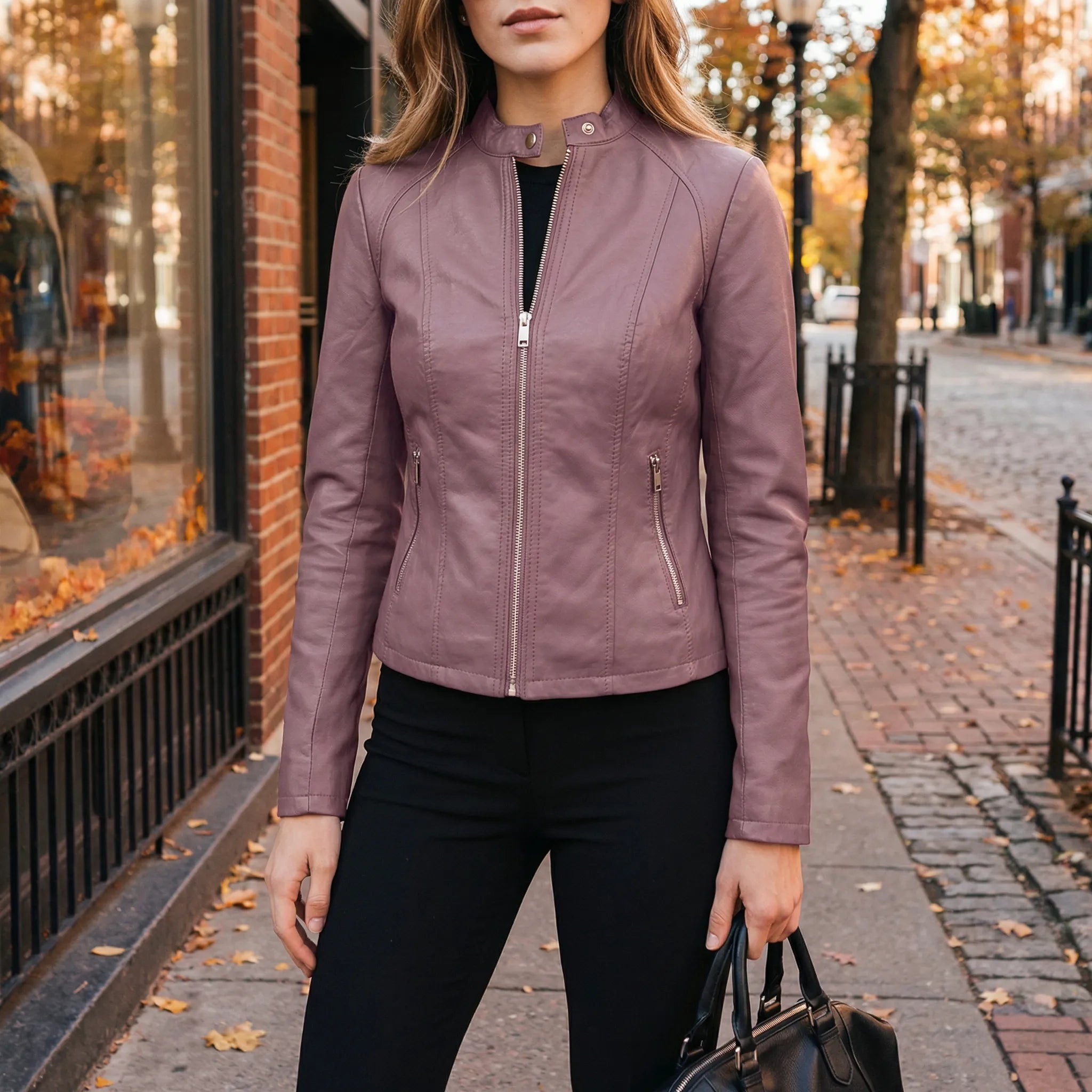 Damejakke | Trendy figursyet jakke med lynlås og stående krave