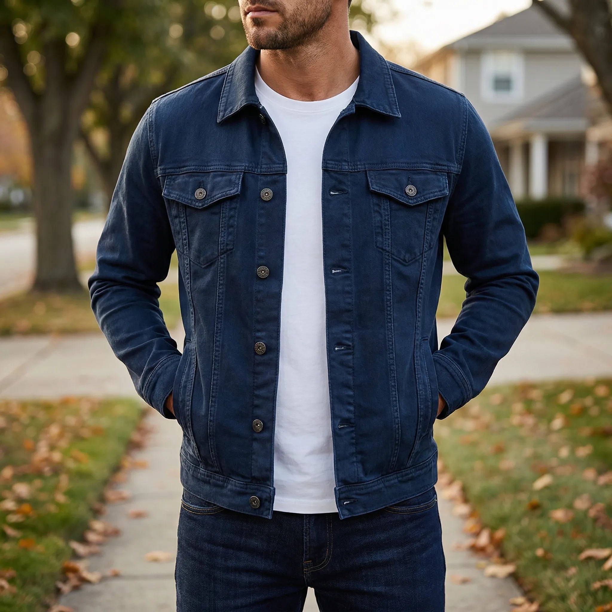 Denimjakke herre | Klassisk jakke med knaplukning