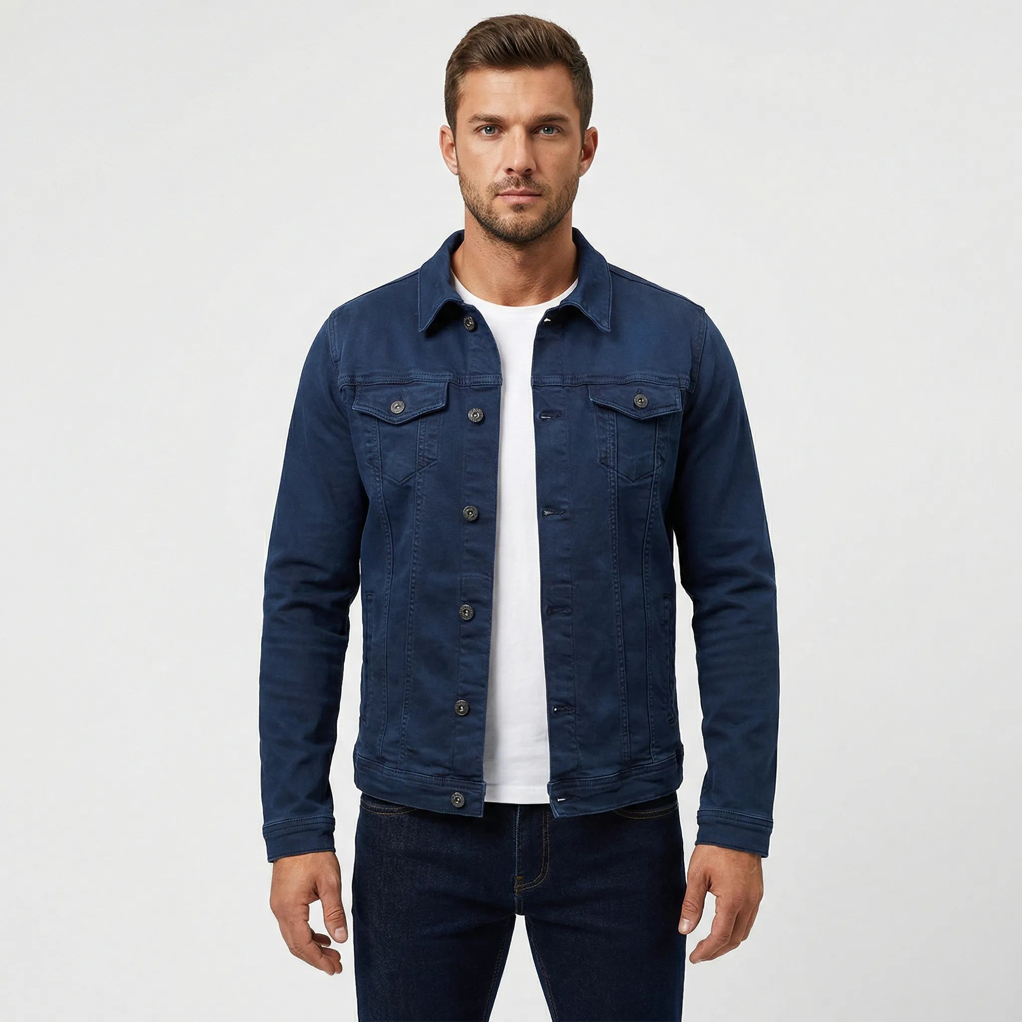 Denimjakke herre | Klassisk jakke med knaplukning