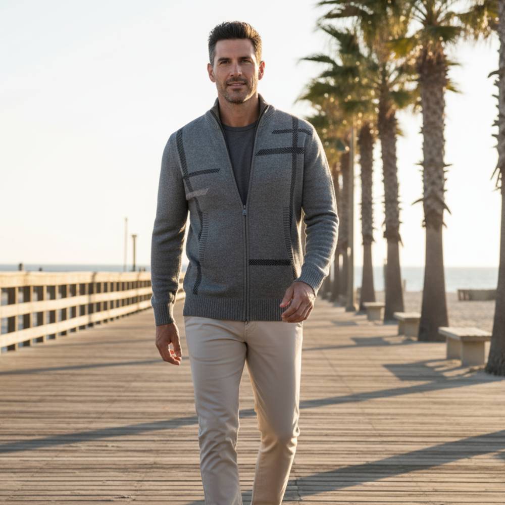 Strikket herre cardigan | Varmt vest med linjemønster