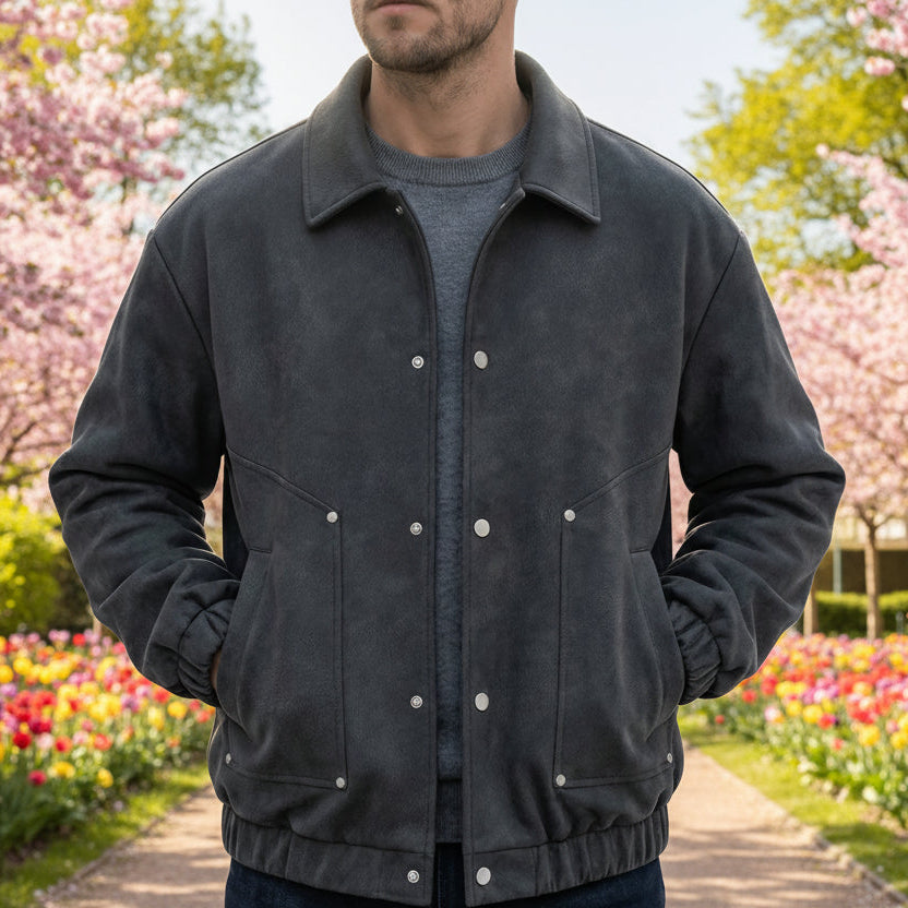 Herre bomberjakke | PU-læder mellemlagsjakke med trykknapper