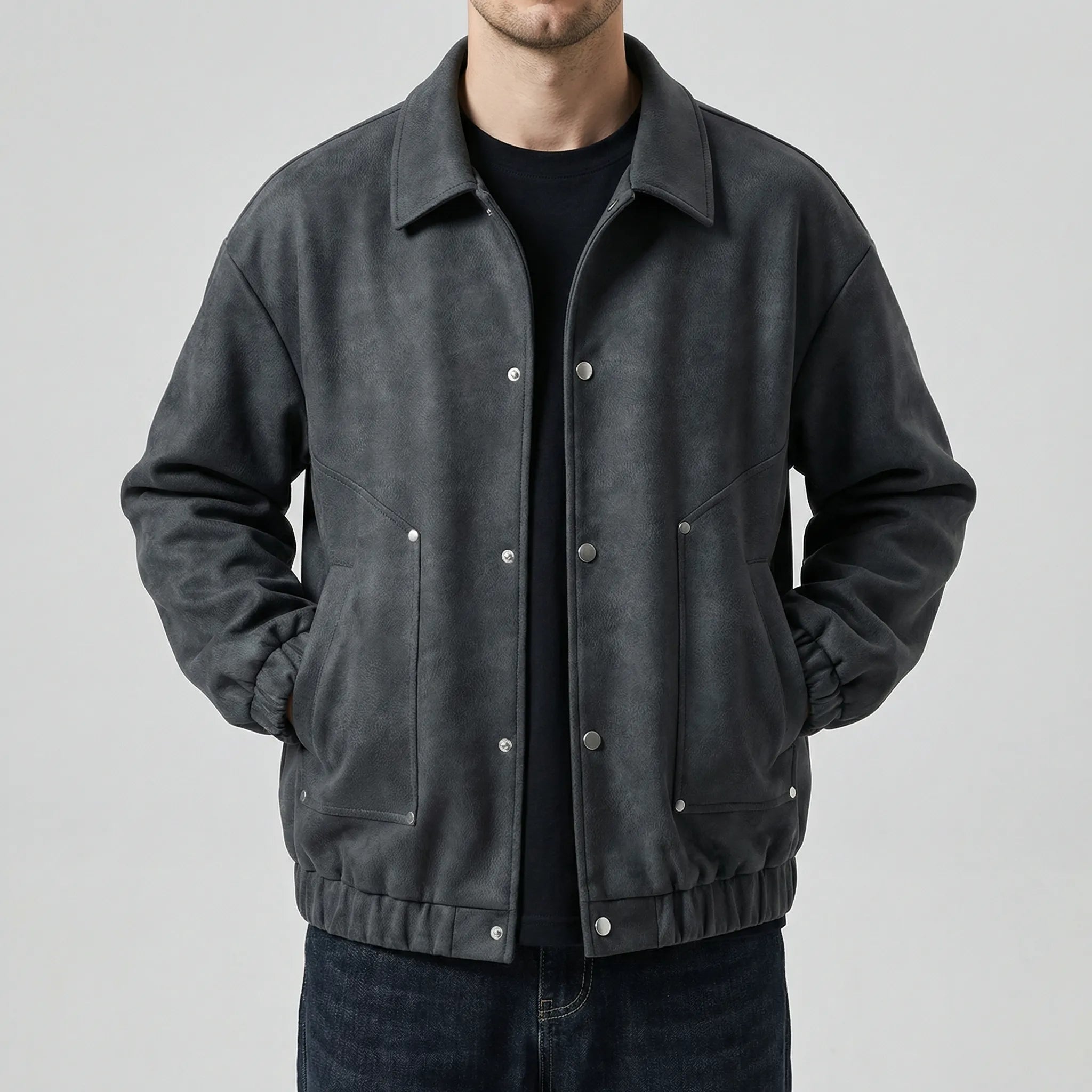 Herre bomberjakke | PU-læder mellemlagsjakke med trykknapper