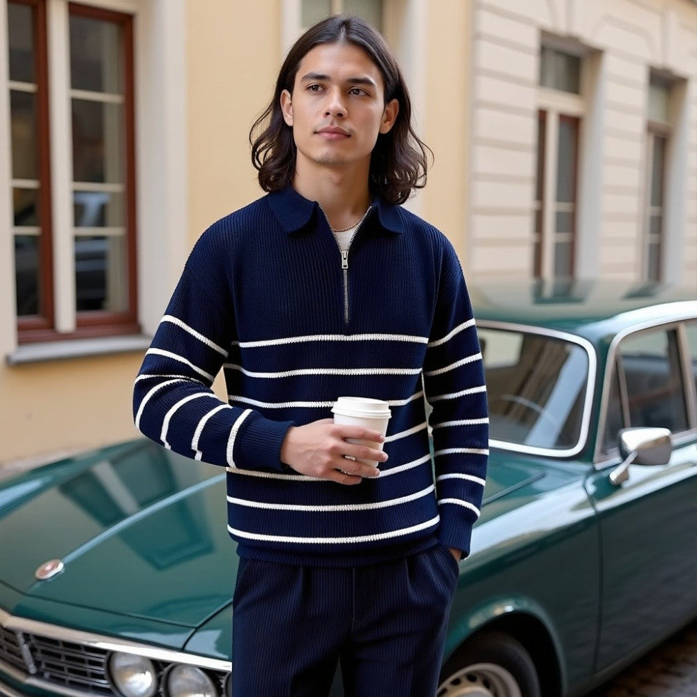 Herretrøje med striber og halv lynlås 2