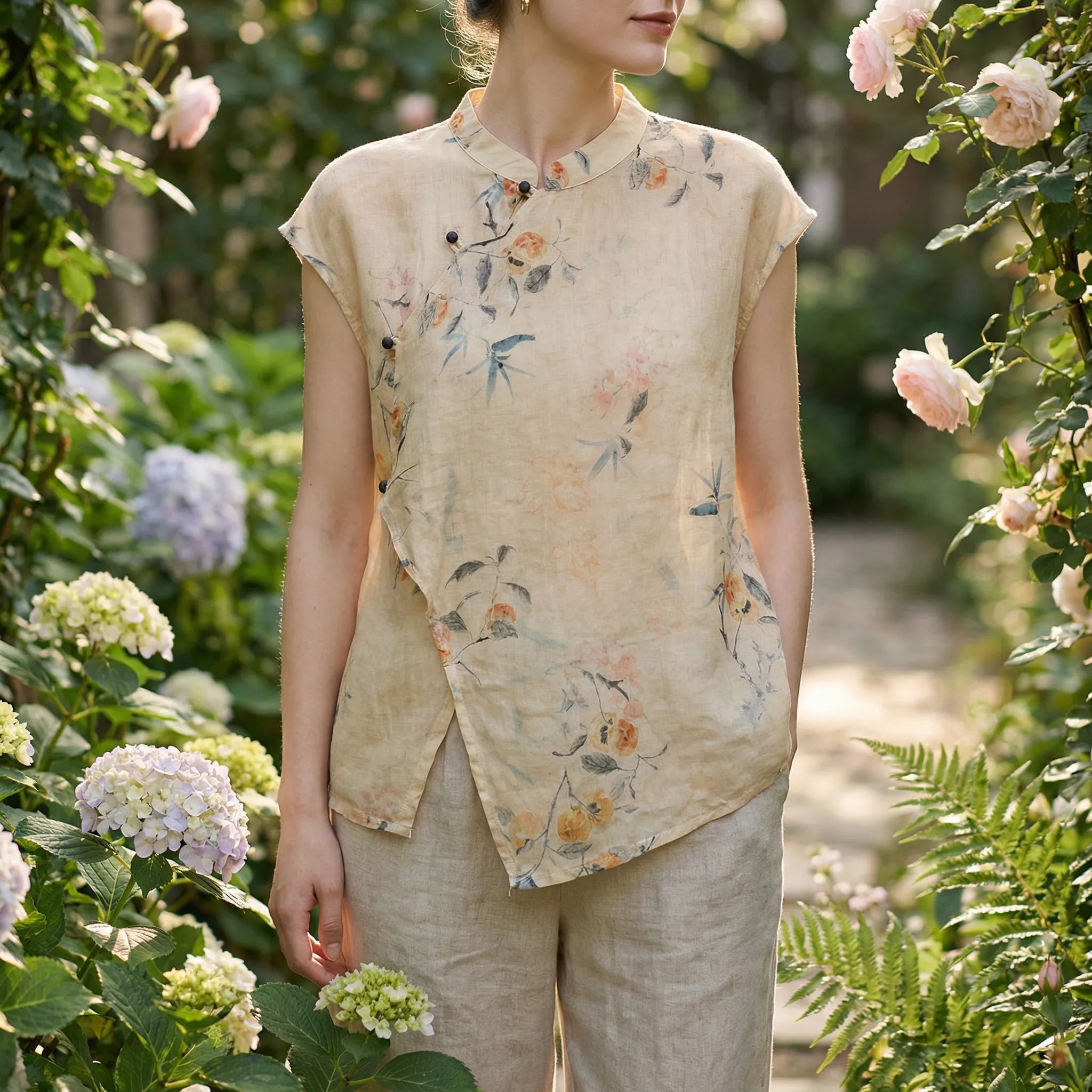 Hør top til dame med blomsterprint og korte ærmer