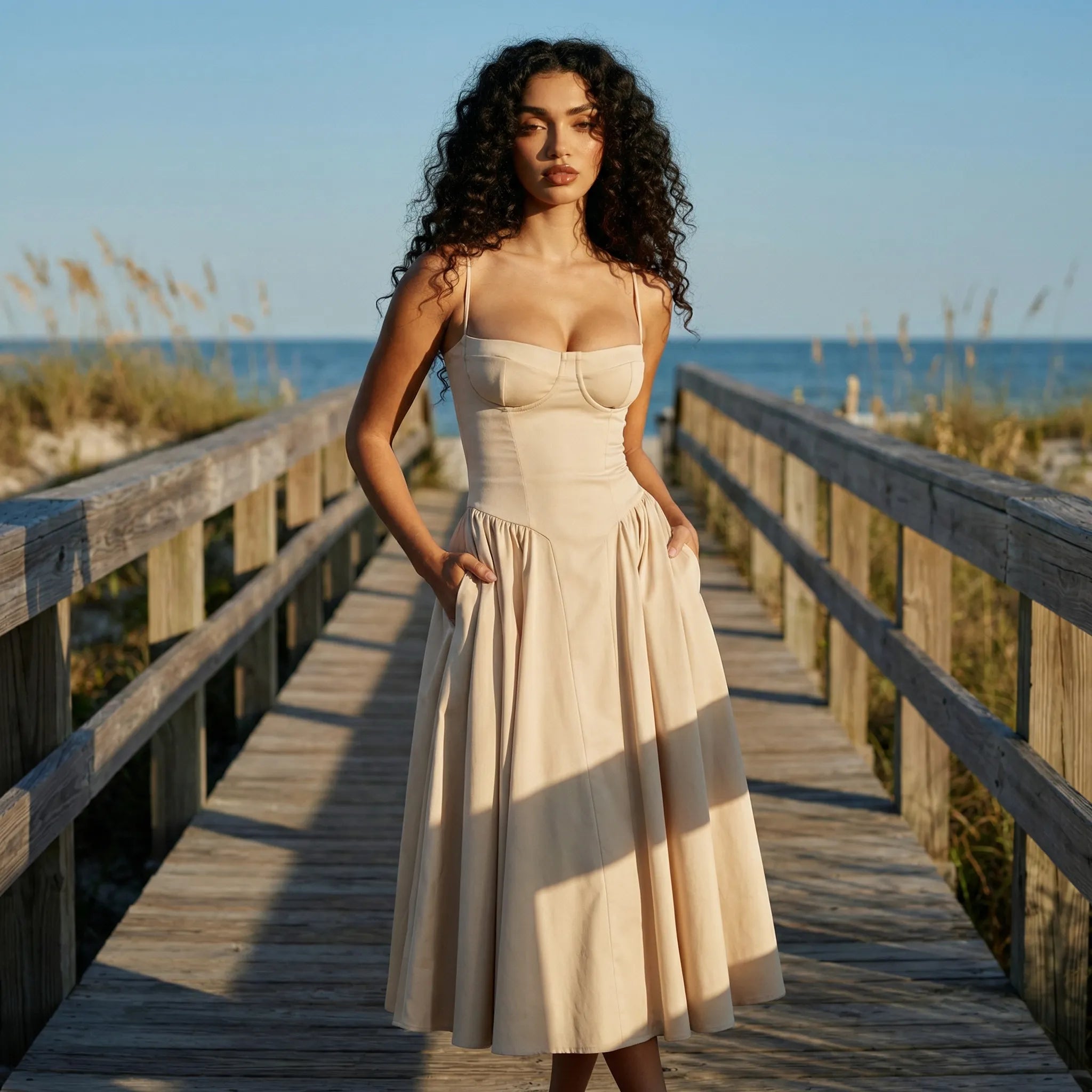 Kjole dame | Bustier midi sommerkjole med stropper