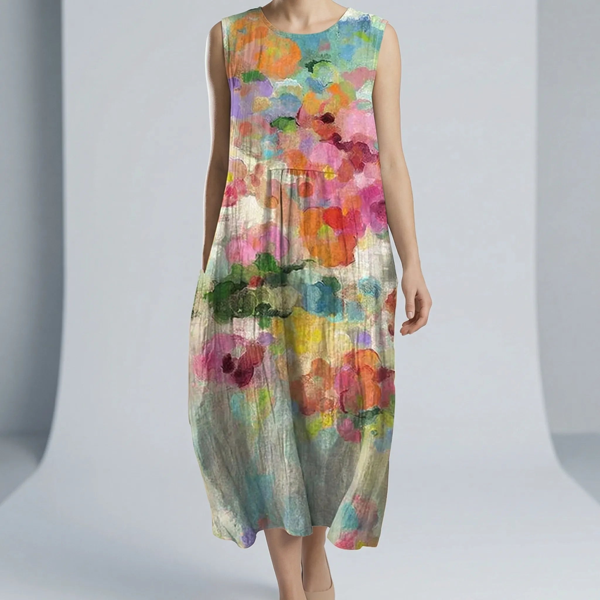 Kjole dame | Midi kjole med abstrakt print