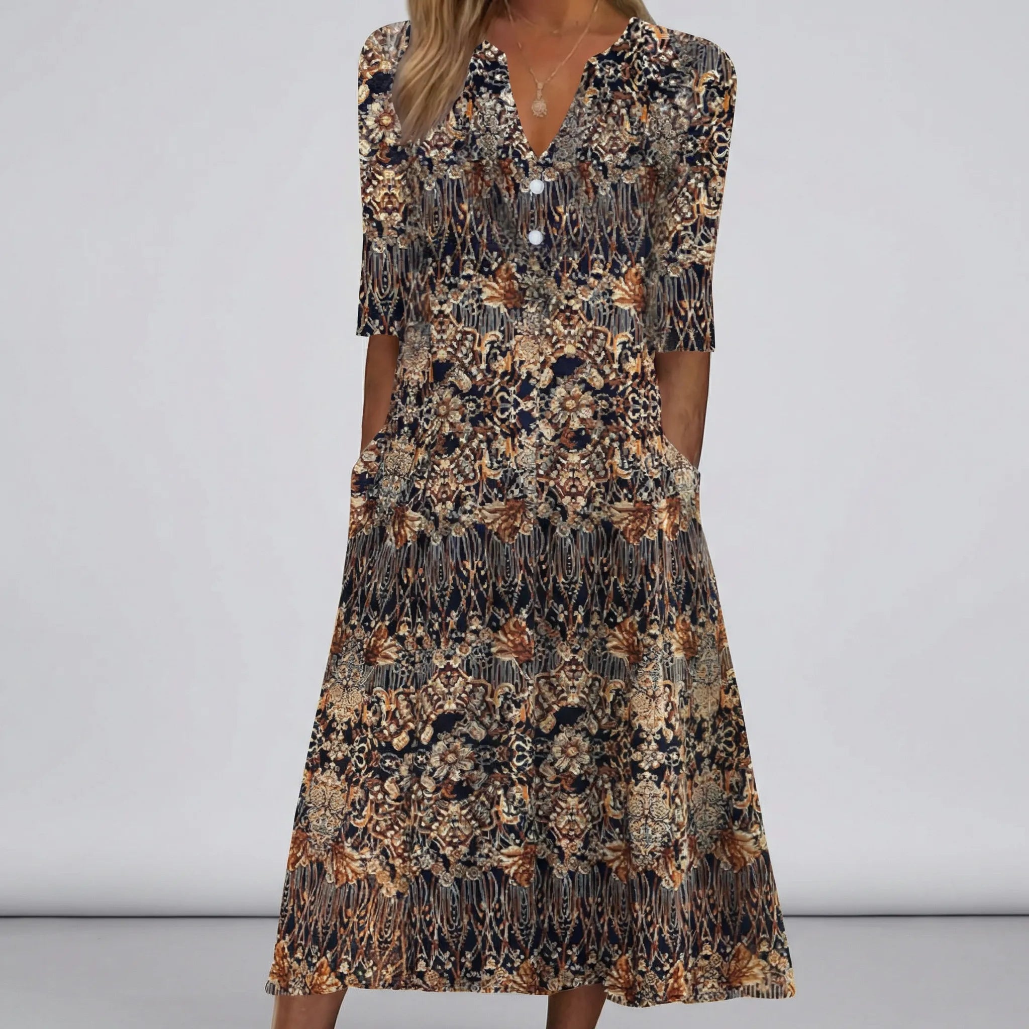 Kjole dame | Print kjole med v hals og knapper