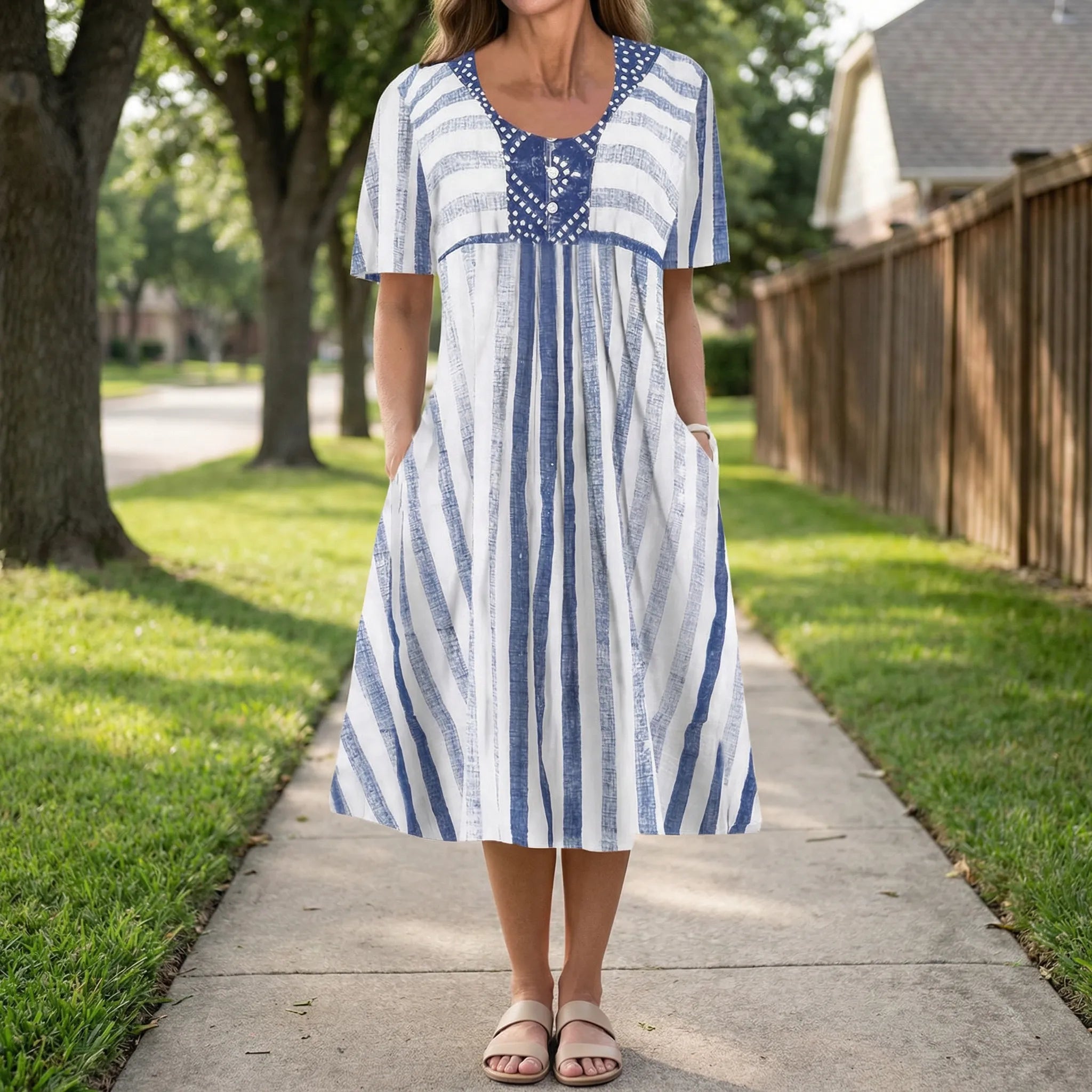 Kjole dame | Stribet kjole med korte ærmer