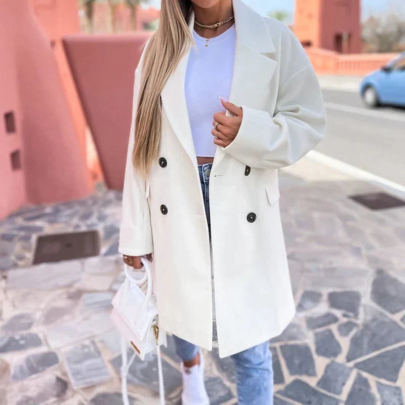 Lang damefrakke | Ulden frakke med knapper og reverskrave