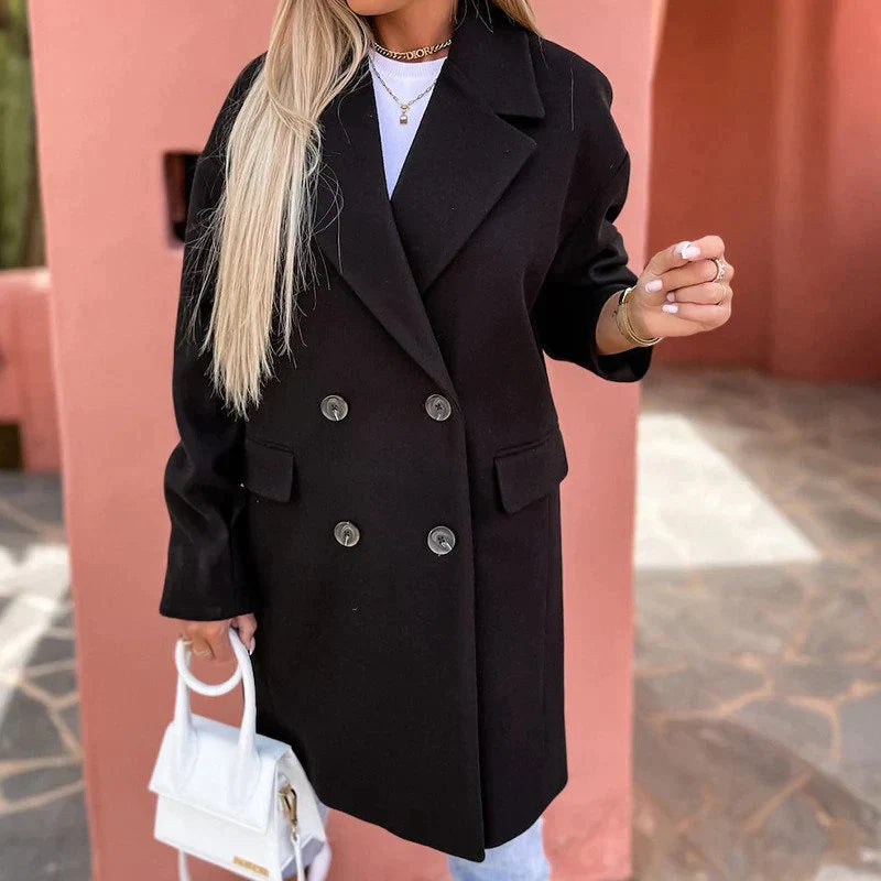 Lang damefrakke | Ulden frakke med knapper og reverskrave