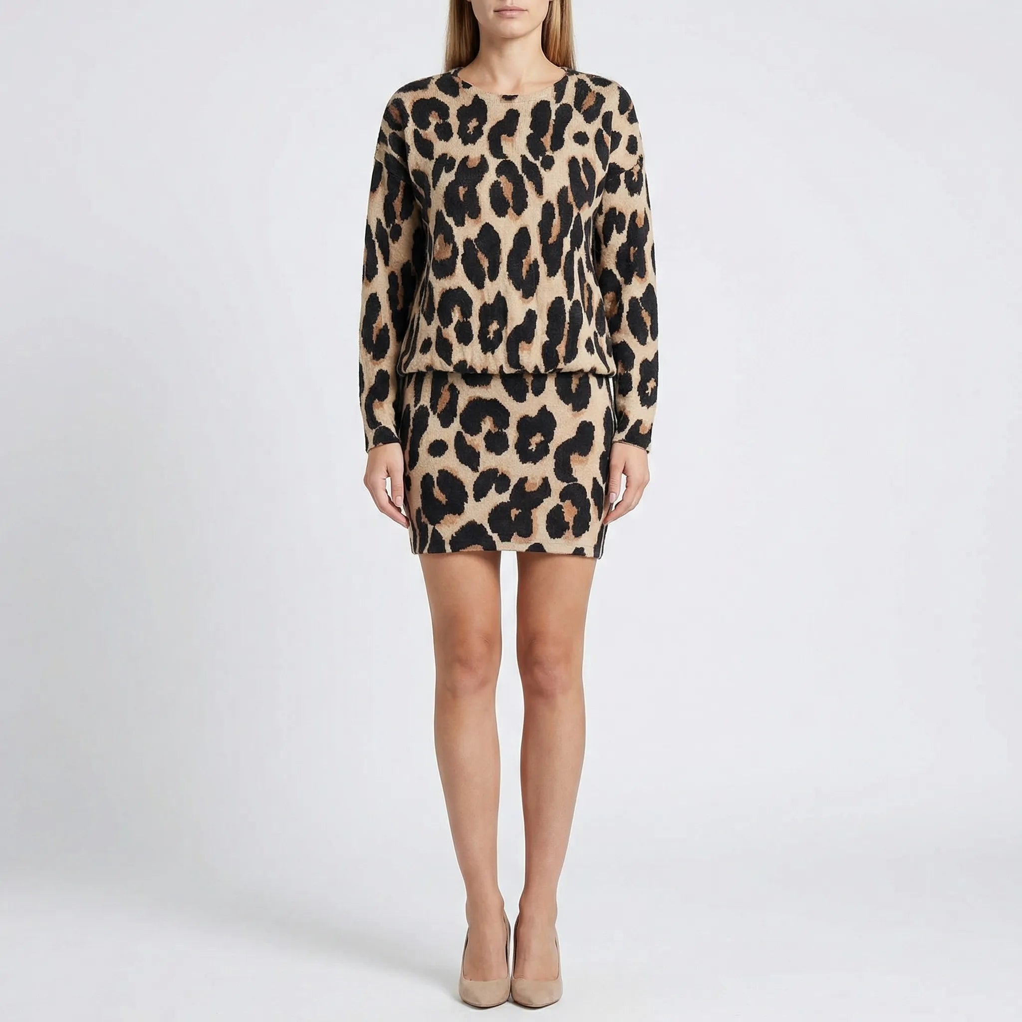 Leopardprint kjole dame | Kort model med lange ærmer