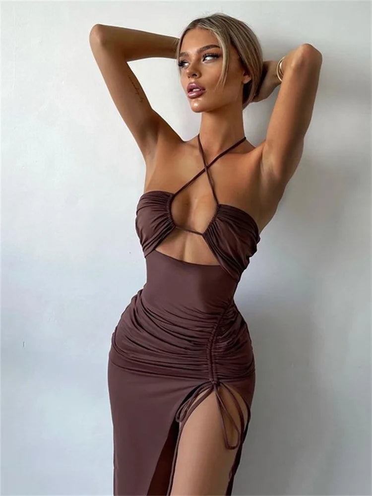 Robe longue pour femme | Robe d'été avec découpe, encolure dos nu et fente