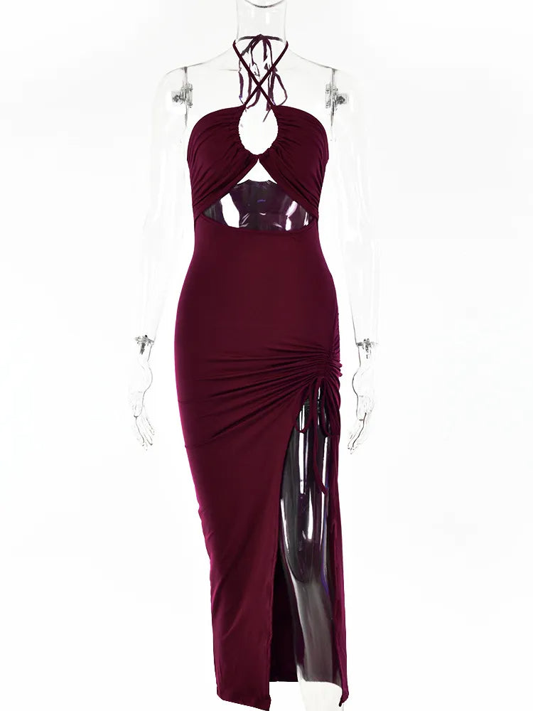 Robe longue pour femme | Robe d'été avec découpe, encolure dos nu et fente