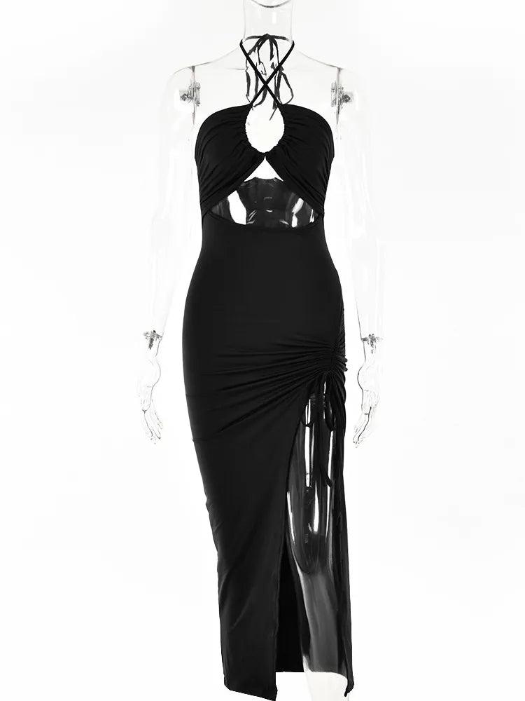 Robe longue pour femme | Robe d'été avec découpe, encolure dos nu et fente