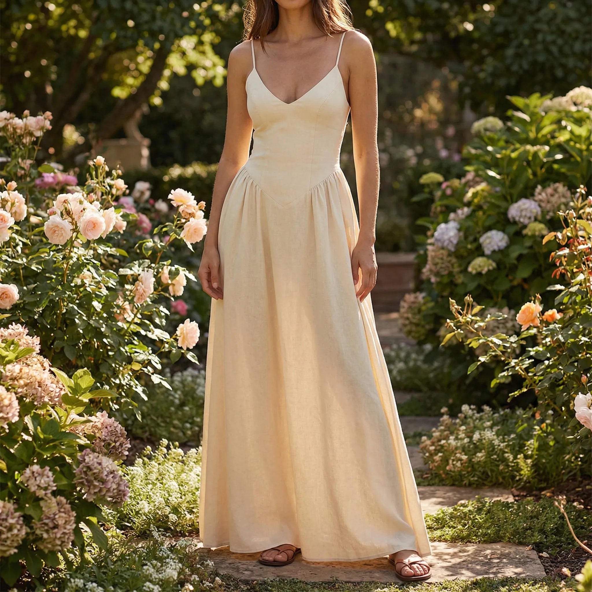 Robe longue pour femme | Robe d'été légère à bretelles et encolure en V