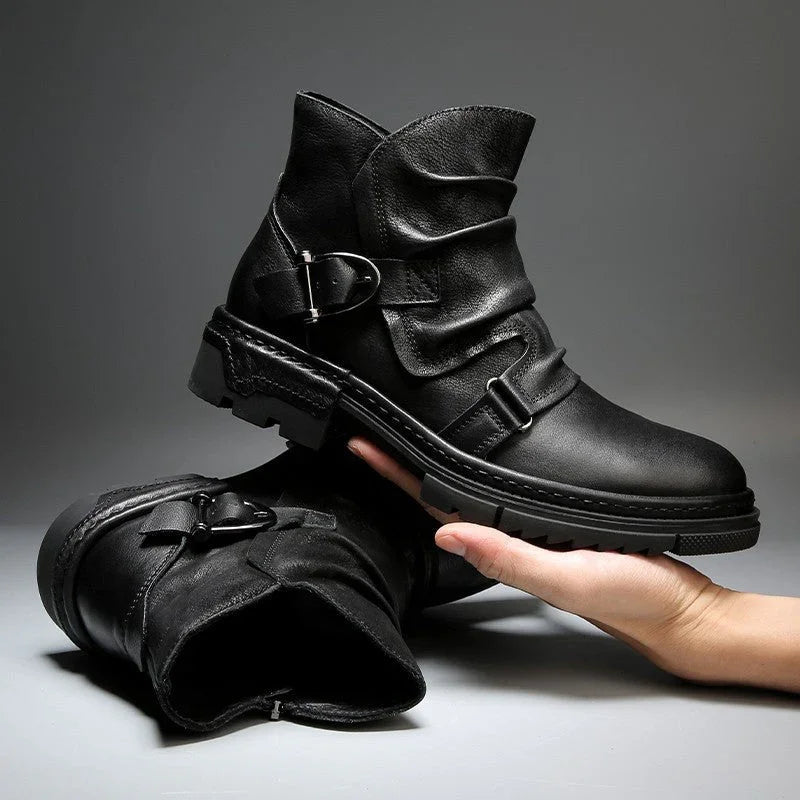 Herre boots | Læder biker støvler med lynlås og spænde