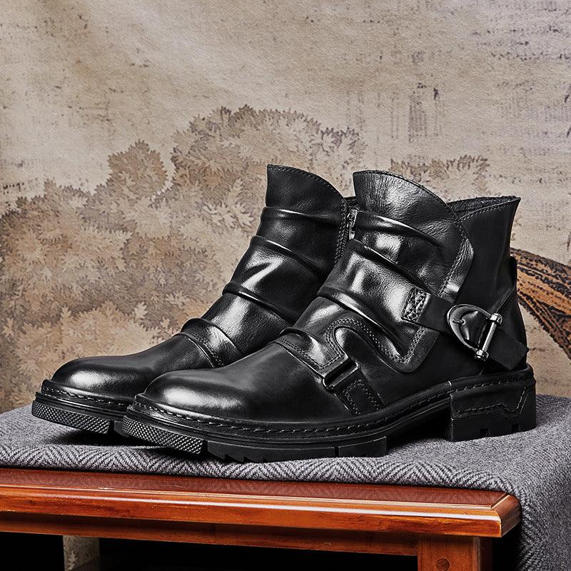 Herre boots | Læder biker støvler med lynlås og spænde